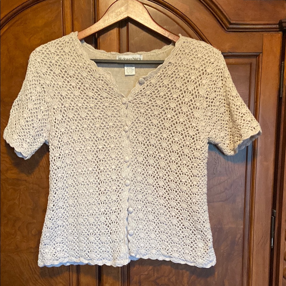 dressbarn Cream Crocheted Button-Up Blouse